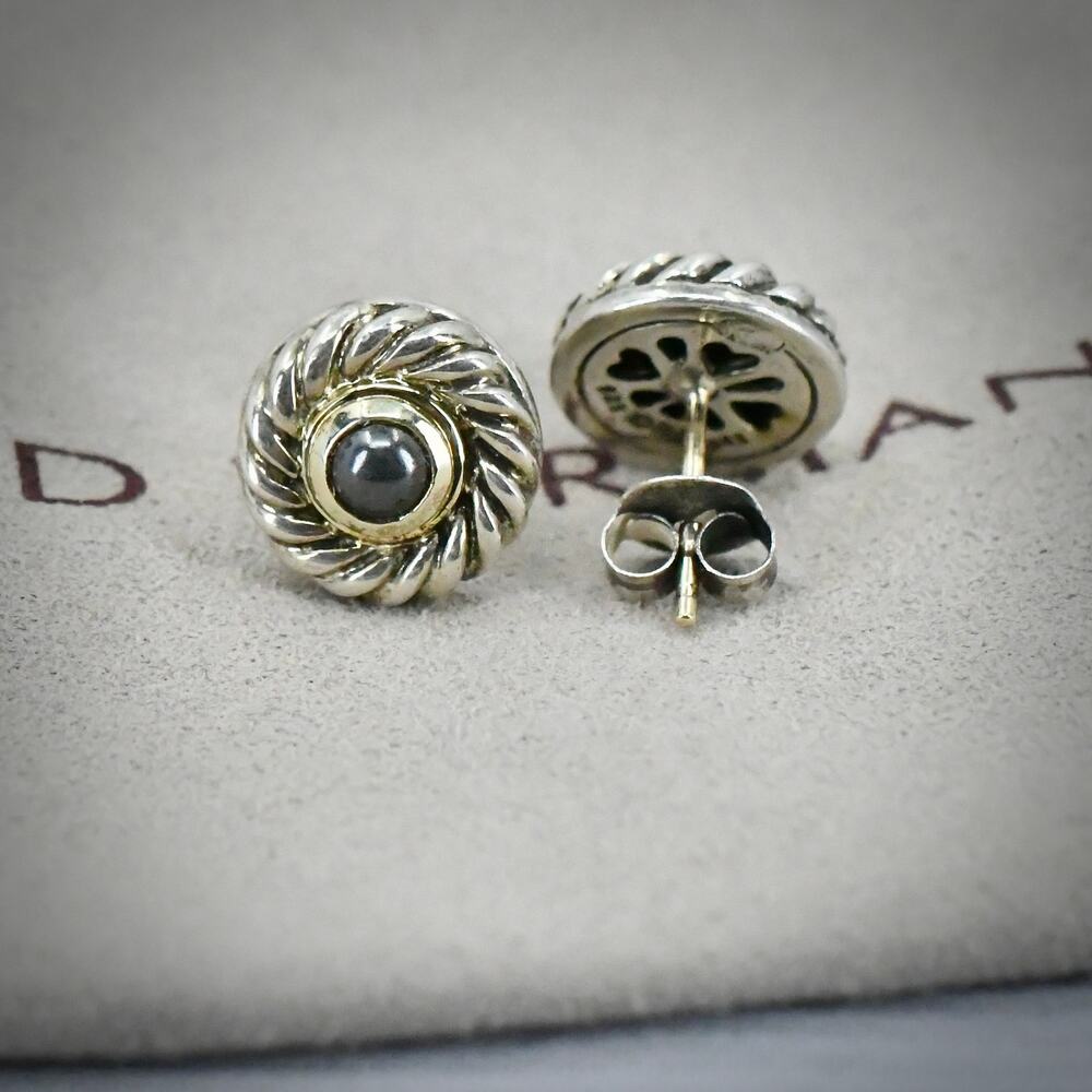 David Yurman 925 Sterling Silver 14K 585 Gold Onyx Cable Button Stud Earrings